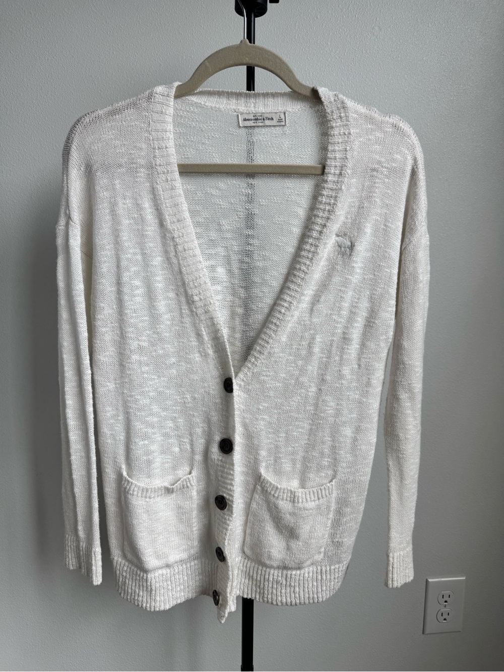 VTG Y2K Abercrombie & Fitch White Open Stitch Slub Knit Moose Cardigan Sweater L